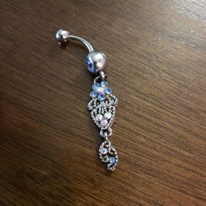 Piercing pagoda sterling silver dangling naval ring with blue gem stones